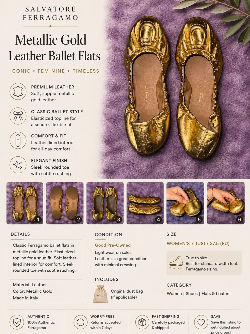 Salvatore Ferragamo Metallic Gold Leather Ballet Flats